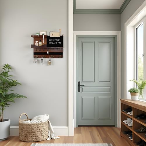 Key Holder Wall Mount with Shelf, Key Hooks for Wall, Brown - Image 4