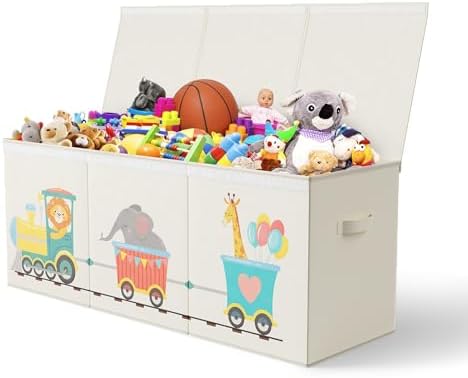 Extra Large Collapsible Sturdy Toy Storage Organizer with Lids, Animal Train Toy Box for Boys Girls, 40"x16"x16", Modern, Beige by Unknown