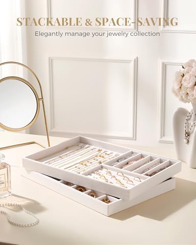 Lolalet Jewelry Drawer Organizer Inserts, Stackable Velvet Tray Jewelry Storage Organizers Set Display Cases for Necklaces Bracelets Earrings Rings Chains Bangles Watches, Beige, Set of 2 - Image 3