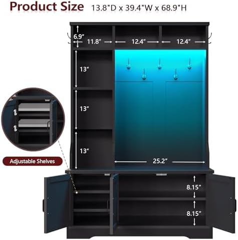 Black Hall Tree with Bench and Shoe Storage, Entryway Bench with Coart Rack - Image 4