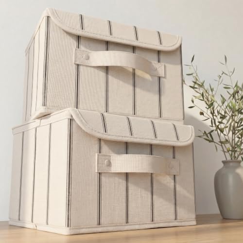 Decorative Linen Storage Boxes with Lids - Spacious Set of 2 Organizer Bins by ZICOTO