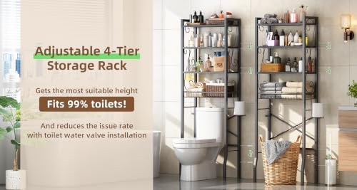 Over-The-Toilet Storage Rack 4-Tier,Bathroom Organizer Shelf Over Toilet,Adjustable Wooden Shelves and Basket,Freestanding Above Toilet Shelf,Space Saver for Rooms(Black Rack-Black Shelves) - Image 7