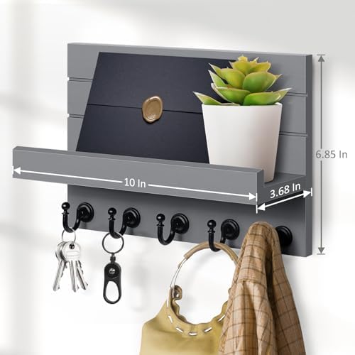HONJIN Key and Mail Holder for Wall: Rustic Key Hanger Key Rack Organizer with 5 Sturdy Key Hooks for Entryway Bedroom Kitchen House Decor (Grey) - Image 6