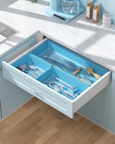 10 Pack Large Size Plastic Drawer Organizers Set, 3 Sizes Desk Drawer Organizer Trays, Storage Bins for Vanity, Makeup, Bathroom, Kitchen Utensils and Office (Blue) - Image 6