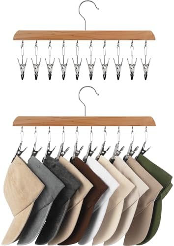 StorageWorks Hat Organizer 2 Pack, Wood Color Cap Hanger Rack with 10 Clips by StorageWorks
