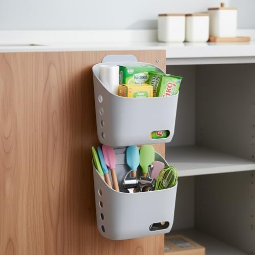 LeleCAT Plastic Hanging Basket Kitchen Storage organizer, Basket with Detachable hook, Hang it behind a door or on a railing, Over the Cabinet Door (Light Gray, Large) 2pack - Image 6