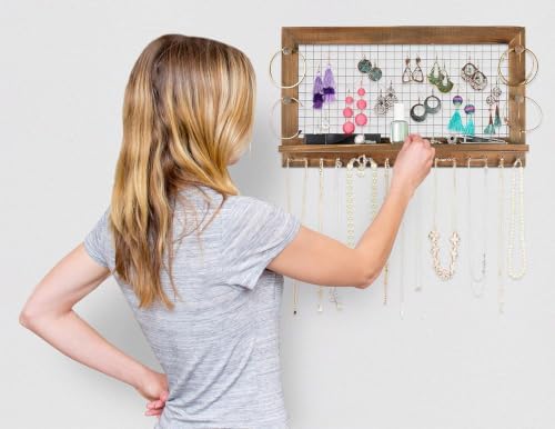 Rustic Jewelry Organizer Wall Mount with Bracelet Pegs-Necklace Holder Earring Hanger-Hanging Mounted Wooden Shelf to Display Earrings Necklaces and Accessories - Image 6
