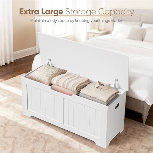 SUPER DEAL Storage Chest, 39 inches Chest Box Organizer with 2 Safety Hinges, Wooden Entryway Shoe Organizer Storage Bench, White - Image 3