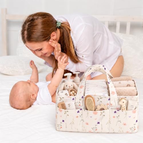 PeraBella Baby Diaper Caddy Organizer, Floral Baby Basket Shower Gift, Nursery Organizer Basket Newborn Boy& Girl Essential Items, Changing Table Organizer Caddy for Baby Stuff, Car Caddy-Cream Floral - Image 5