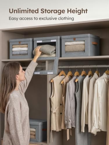 Homsorout Medium Fabric Storage bins - Collapsible Storage Bins with Open Window, 3 Pack Closet Baskets for Shelves, Stackable Decorative Boxes for Home, Dorm, Grey, 13.7"x 9.8" x 9.8" - Image 2