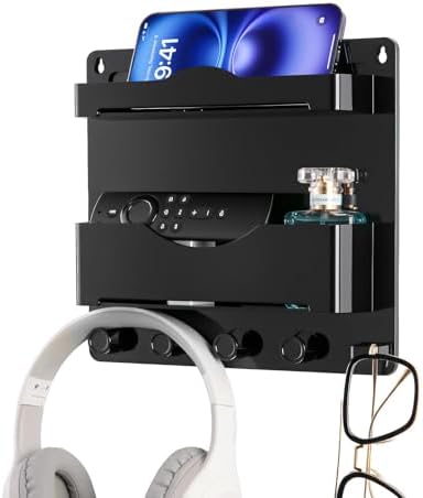 Bedside Wall Shelf with Glasses Hooks ，Adhesive Bedside Organizer Wall Mount for Dorm and Room Accessories Phone，Remote，Earphone， Kindle (Black) by JUMEIHUI