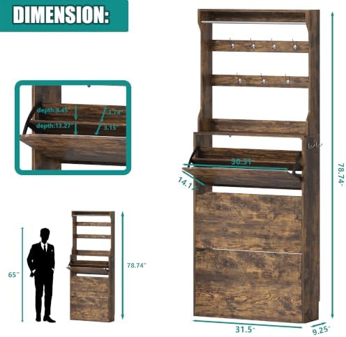 Shoe Cabinet for Entryway with 3 Flip Drawers, Brown Tall Wood Shoe Storage Cabinet with Coat Rack, Narrow Hidden Slim Freestanding Shoe Rack Organizer, 2 in 1 Hall Tree for Living Room, Hallway - Image 2