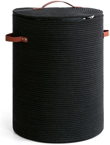 CHICVITA Large Woven Laundry Basket with Lid & Leather Handles, 60L, Black by CHICVITA