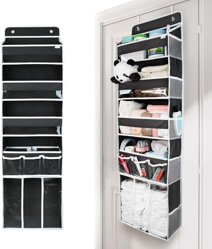 Door Hanging Storage Organizer,with 3 Bins 1 Movable Baby Diaper Caddy,1 Large capacity diaper stacking storage Organizer,10 Side Pockets ,Bedroom Door Storage for Nursery Baby Essentials. (Dark grey) - Image 3