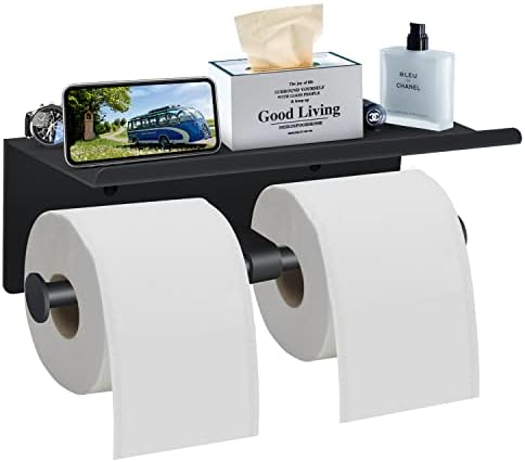 Toilet Paper Holder with Shelf Wall Mounted Toilet Paper Storage, Double Roll Tissue Holder Dispenser Bathroom Toilet Paper Holder (Matte Black) by Bjiotun