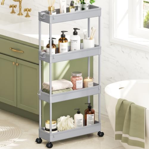 SPACEKEEPER Slim Rolling Storage Cart, 4 Tier Bathroom Cart Organizer, Gray by SPACEKEEPER