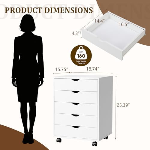 5 Drawer File Cabinet with Wheels, Rolling Printer Stand with Storage - Image 3