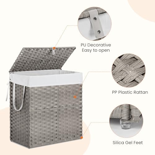DUMOS Wicker Laundry Basket with Lid, 110L Woven Laundry Hamper with Handles, Foldable Rattan Clothes Hamper with Removable Liner & Sturdy Steel Frame, Dove Gray - Image 5