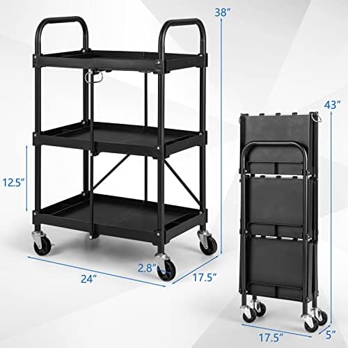 Goplus Folding Utility Cart on Wheels, 250lbs 3-Tier Rolling Tool Cart w/Lockable Casters & Compartments, Fast Fold up Collapsible Metal Service Cart for Office, Garage, Kitchen, Black - Image 3
