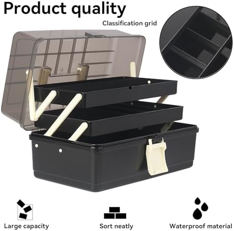 WEWLINE 13-Inch Art Storage Box 3-Layers Plastic Storage Box with Handle Craft Art Bin Portable for Home School Office Travel, Black - Image 6