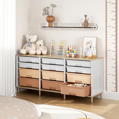 TOOLF 12 Drawers Storage Cabinet with Wooden Top and Plastic Bins,Brown - Image 7