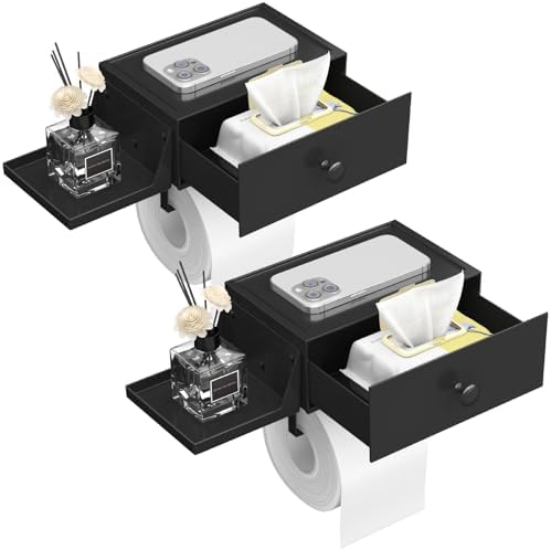 Lifewit Toilet Paper Holder Wall Mount with Shelf & Drawer, Black, 2 Pack by Lifewit