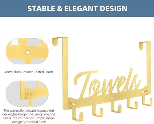 Azmoncy Over The Door Hooks - Heavy Duty Towel Rack with 5 Coat Hooks for Bedroom Kitchen, Gold Bathroom Decor - Image 3