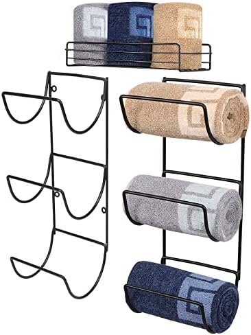 NearMoon Towel Rack Wall Mounted- All Metal Bathroom 2 Towel Rack Holders+ Hand Towel Storage Basket, Rustproof 3 Level Wine Rack Organizer for Hand Towels, Washcloths, 2+1 Pack (Matte Black) by NearMoon