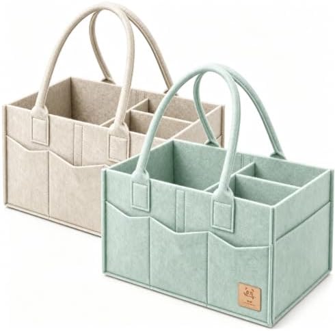 HIPHOP PANDA 2-Pack Diaper Caddy Organizer - Nursery Storage Bin & Car Organizer for Diapers, Wipes, and Baby Essentials - Dual-Color Solid Set (Green/Oatmeal), Regular Size by HIPHOPPANDA