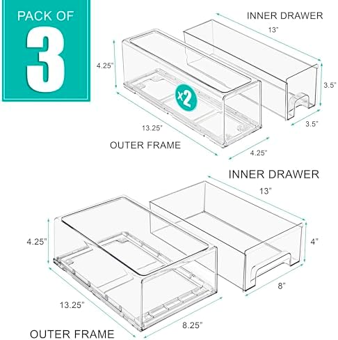 Sorbus Clear Stackable Storage Drawers with Handles (1 Medium + 2 Small) - Image 3