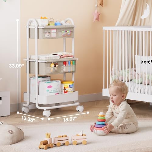 Modanais Baby Diaper Caddy Organizer Cart - 3 Tier Rolling Cart, Off White - Image 2