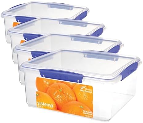 Sistema KLIP IT Large 5L Food Storage Container, Airtight & Stackable, Dishwasher, Freezer, & Microwave-Safe, BPA-Free (Pack of 4) by Sistema