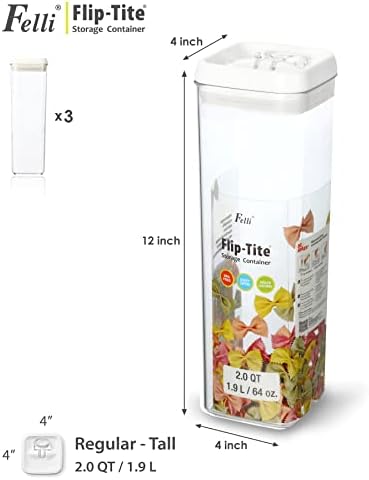 Felli Flip Tite TALL Storage Container with Lid 4" Air Tight Easy Open Ring Top, Clear Acrylic Skinny Canister Jar for Spaghetti Lasagna Fettuccine Noodle, Kitchen Cupboard Pantry Organizer (2.0 qt) - Image 3
