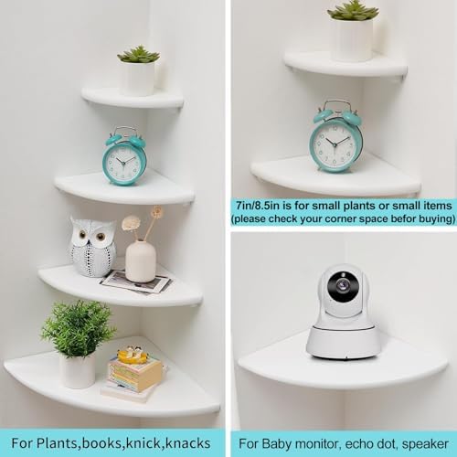 Corner Shelf, White Floating Corner Shelf, Set of 2 7inch Solid Oak Wood Corner Wall Shelves, Round End Wall Mount Display Shelf with Wire Hole for Small Plant for Bedroom Kitchen, Living Room - Image 3