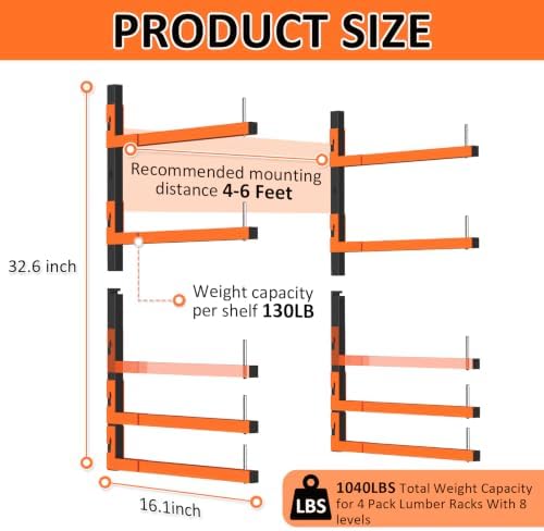4 Pack Lumber Storage Rack, Wall Mount Removable & Adjustable Lumber Rack with 8-Level Holds Up 1040 Lbs, Heavy Duty Metal Garage Wood Rack for Workshop, Basement, Indoor and Outdoor - Image 2
