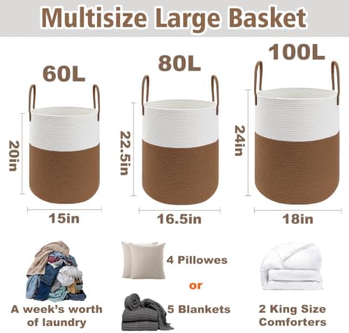 JMvicyroam 80L Cotton Rope Laundry Basket Hamper, White and Brown - Image 2