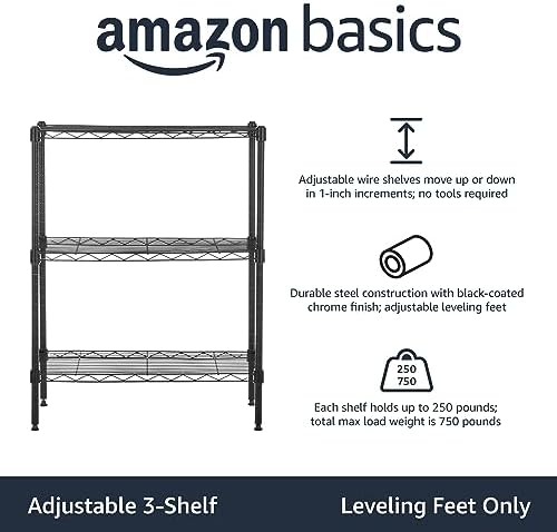 Amazon Basics 3-Shelf Adjustable Heavy Duty Steel Wire Rack Storage Shelving Organizer with Storage Space, Versatility and Ease of Use for Kitchen, Garage, 23.2" L x 13.4" W x 30" H, Black - Image 3