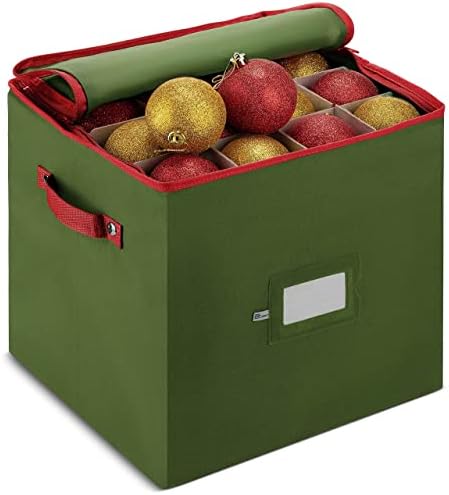 ZOBER Christmas Ornament Storage Box - Stores 64 3" Ornaments, With Dividers - Ornament Organizer Storage Box, Durable Christmas Containers Holder, Dual Zipper - Green by ZOBER