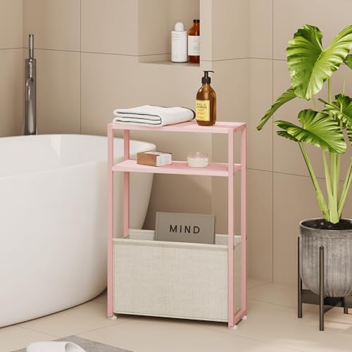Leomonio Narrow Side Table, Slim End Tables with Fabric Basket, Skinny Table for Small Spaces, Thin Bedside Table for Living Room, Bedroom (1, Jelly Pink + Cream White) by Leomonio