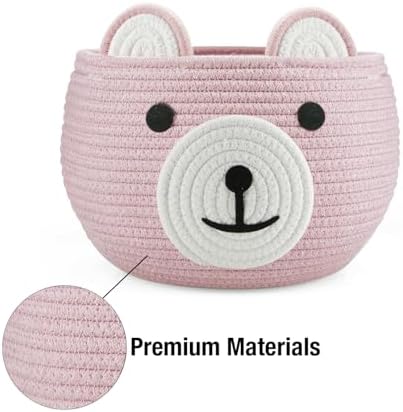 PandaEar Cotton Rope Baby Basket, Baby Gift Basket Nursery Laundry Organizer with Cute Bear Design for Storage Infant Newborn Essentials, Diaper Caddy with Handle (Pink) - Image 6