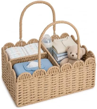 Large Wicker Diaper Caddy Organizer, Scalloped Nursery Basket for Changing Table, Woven Rope Baby Holder with Removable Divider, Portable Organizer for Diapers Wipes Clothes Toys & Essentials (Khaki) by Unknown