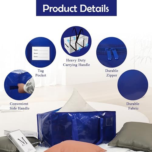 JCBZAMZ 8 Pack Heavy Duty Extra Large Moving Bags with Handles,Waterproof Foldable Storage Totes,Clothing Storage Bags,Packing Moving Boxes for College Supplies & Seasonal Storage, Blue - Image 3