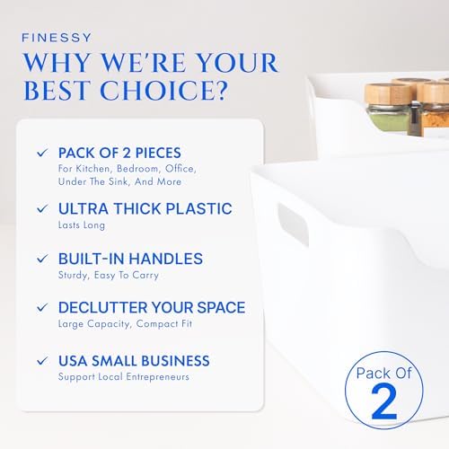 FINESSY White Plastic Storage Bins for Pantry with Handle 2 Pack White Bins - Image 2