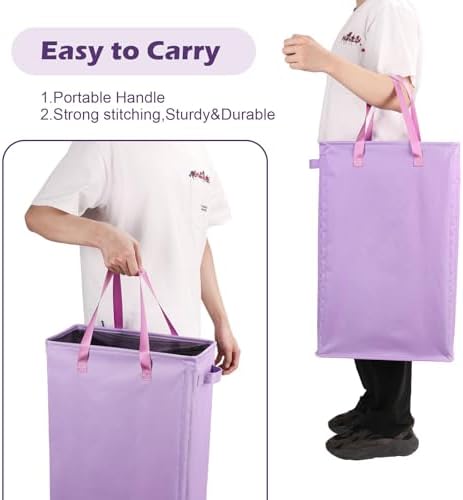 Odonata Slim Laundry Hamper Handles Collapsible Laundry Basket Thin Dirty Clothes Basket Narrow Laundry Bag Foldable Dirty Hamper 45L (Light Purple) - Image 6
