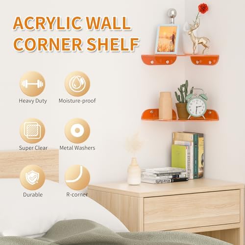 Sezanrpt 9.5x9.5 Inch Acrylic Corner Floating Shelf Set of 2, Orange Corner Wall Shelf for Home Décor, Speakers, Security Cameras, Toileries, Plants, Figures, Cosmetics, Books - Image 3