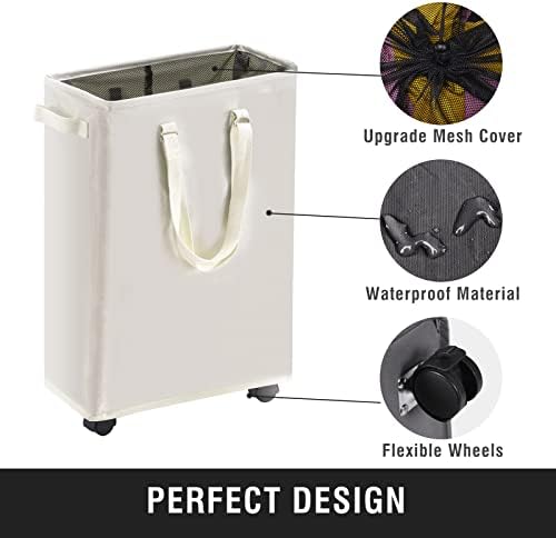 45L Slim Rolling Laundry Basket with Wheel & Adjustable Long Handles, Beige - Image 5