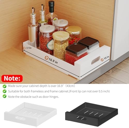 bealy 2 Pack Pull Out Cabinet Organizer Adhesive, 10" Wide 16.9" Deep Pull out Drawers for Face Frame or Frameless Cabinets, No Drill Heavy Duty Carbon Steel Drawer, Pantry Cabinet Shelf - Image 2