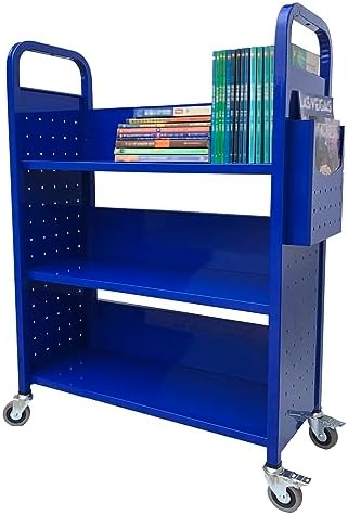 Workington Rolling Book Truck Book Cart with 3 Flat Shelves, Library Book Cart with Swivel Lockable Casters 3001 Blue by Workington