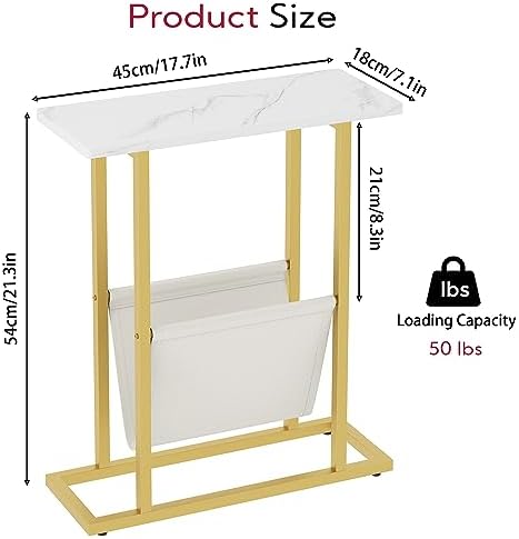 Yusong Small Narrow Side Table for Small Spaces, 17.7" W Slim End Table Magazine Table Nighstand with Storage Holder, Accent Skinny Snack Couch Bedside Table, Gold White, Complete Iron Pipes - Image 3