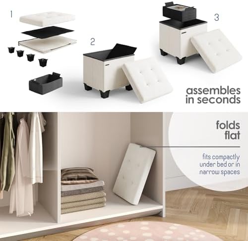 Storage Ottoman Cube with Small Bin, 15-in Square Ottoman with Storage for Living Room and Bedroom, Small Ottomans Foot Rest, Velvet Foot Stools Ottomans Max 330lbs, Cream - Image 3